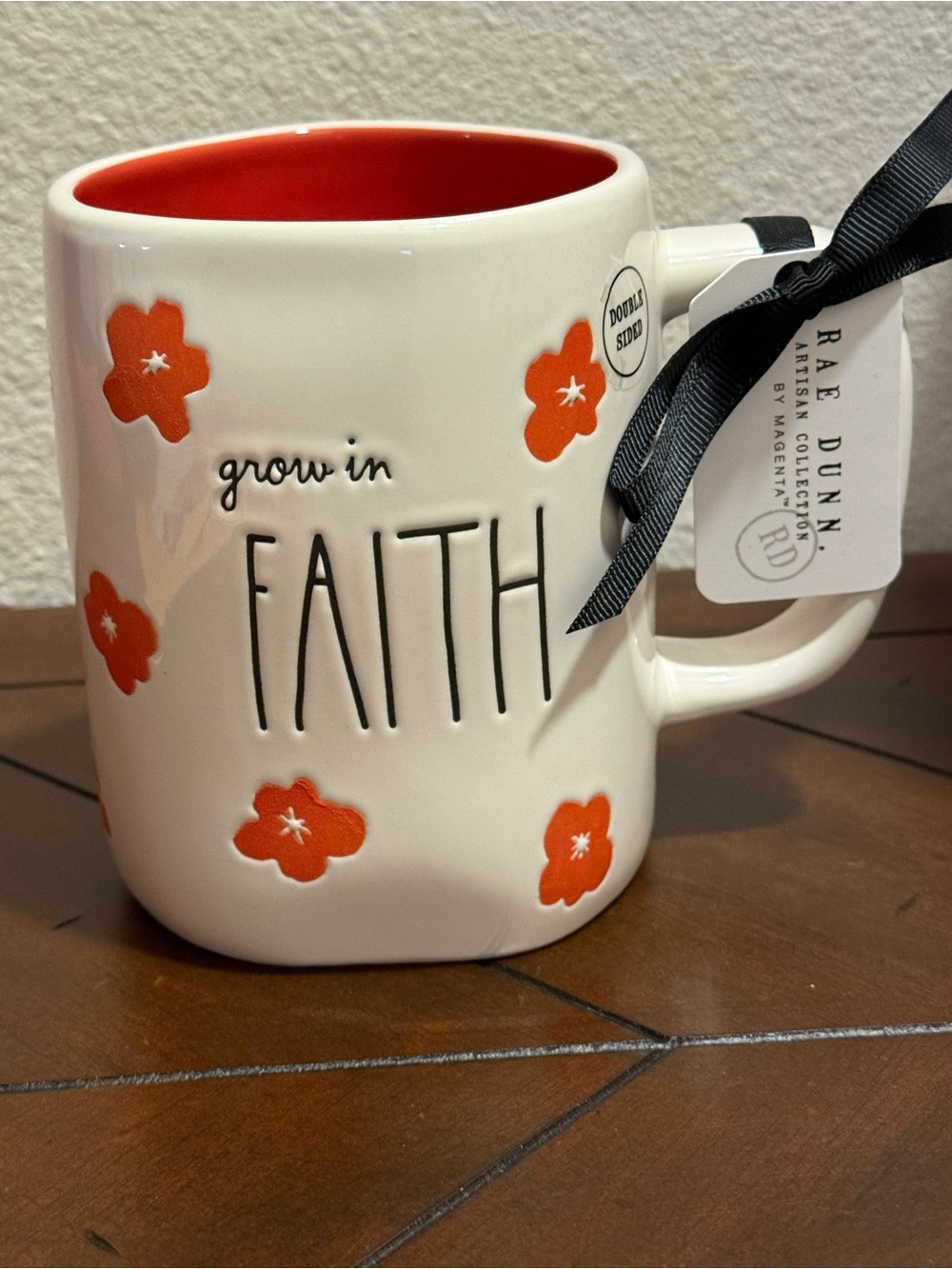 Rae Dunn White Double-sided Mug w/ Orange Floral Accents & Int- GROW IN FAITH